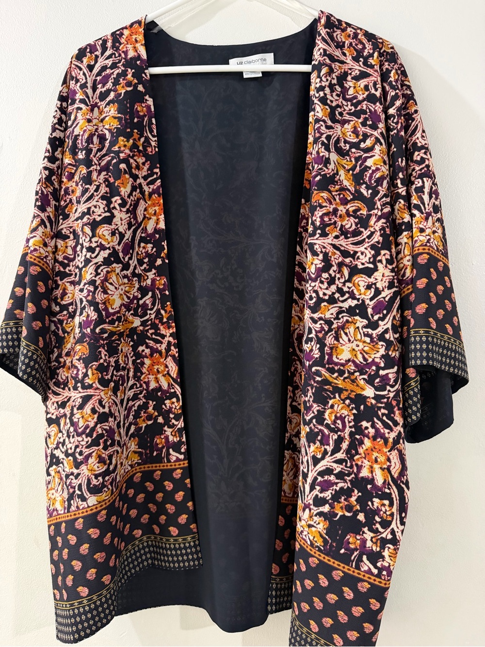 Liz Claiborne Floral Open-Front Kimono Cardigan - Black, Purple & Orange